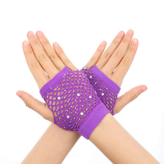 Rhinestone Fishnet Gloves Fingerless Sparkly Short Mesh Net Arm Sleeves