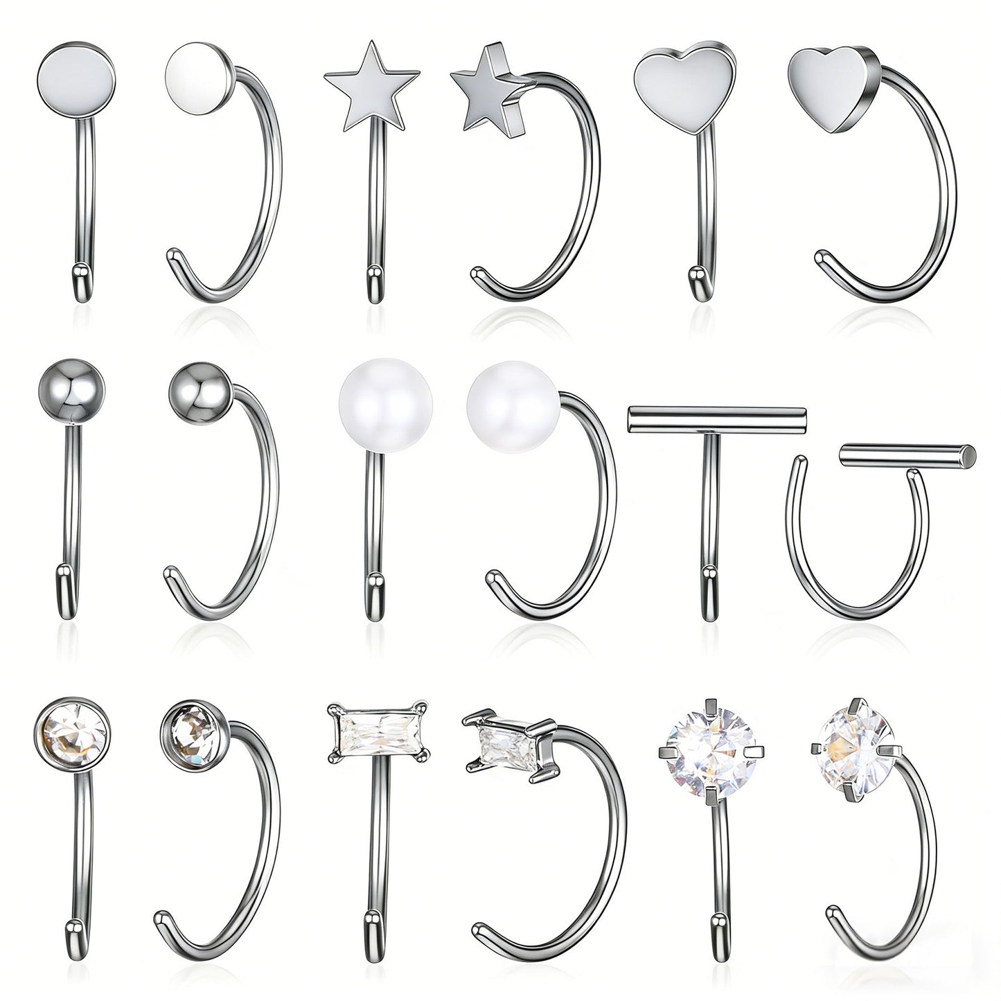 9 Pairs Sliver Half Huggie Hoop Earrings Stainless Steel Cartilage Helix Open Hugging Earrings Trendy Small Huggie Hoop Earring Rhinestone Pearl Jewelry Set for Women