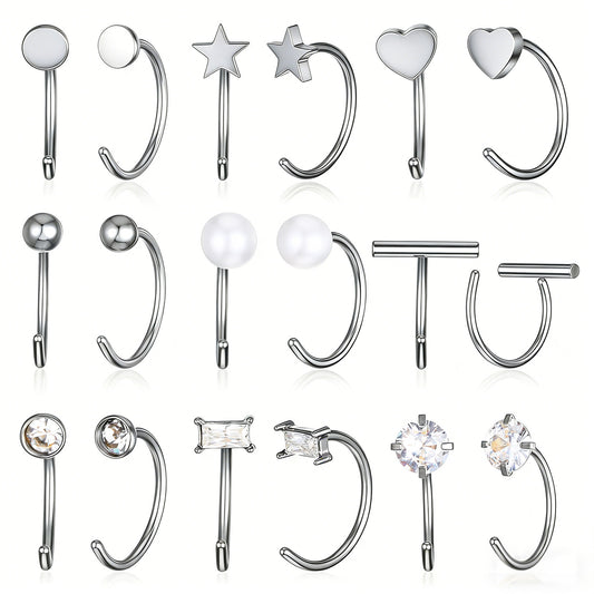 9 Pairs Sliver Half Huggie Hoop Earrings Stainless Steel Cartilage Helix Open Hugging Earrings Trendy Small Huggie Hoop Earring Rhinestone Pearl Jewelry Set for Women