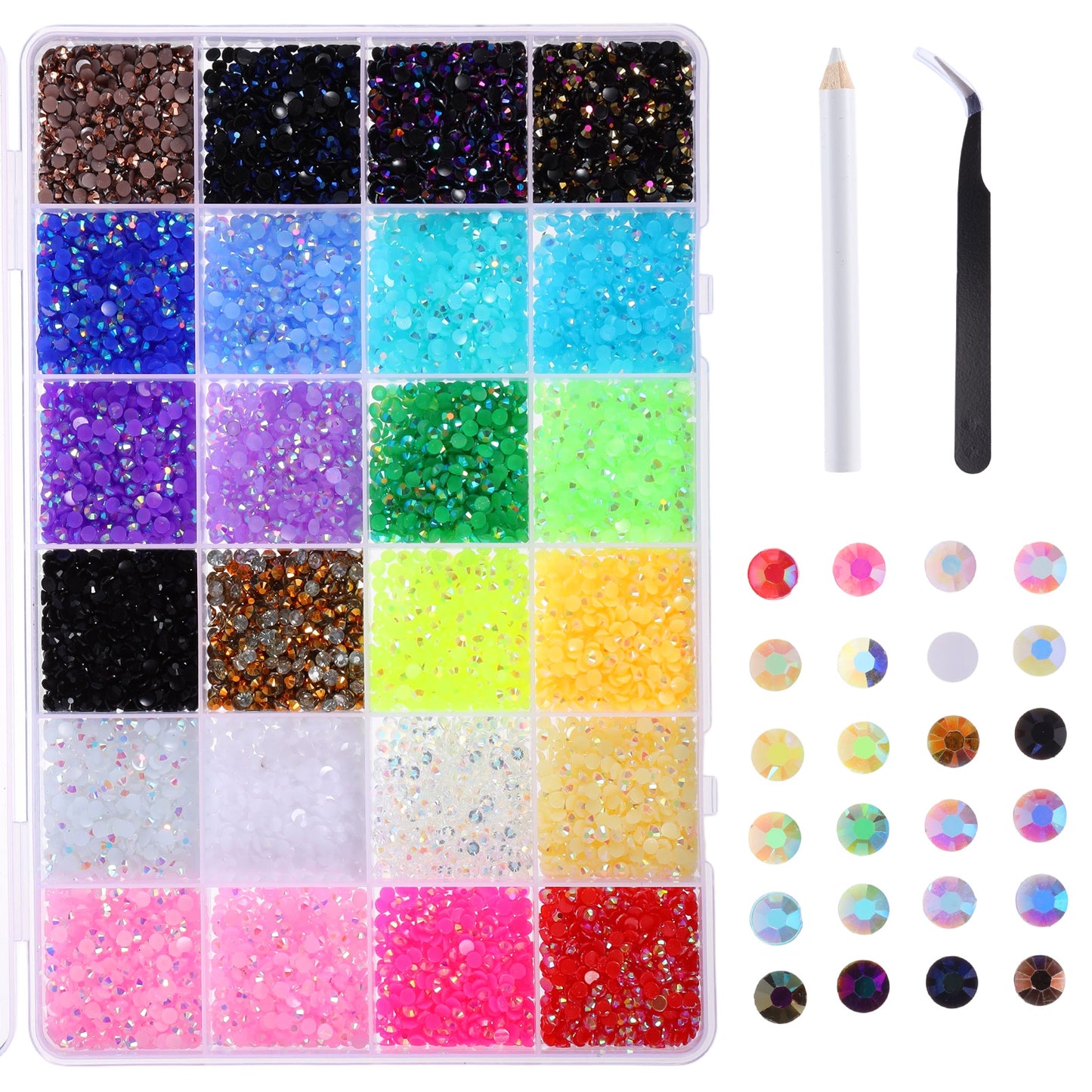 24 Colors Resin Rhinestones for Bedazzling Kit Colorful Flatback Rhinestones 3mm Bedazzling kit Small gems with 1 Tweezer and 1 Pen Diamond Making Kit for Crafting Book Shoes Nail Art Clothing