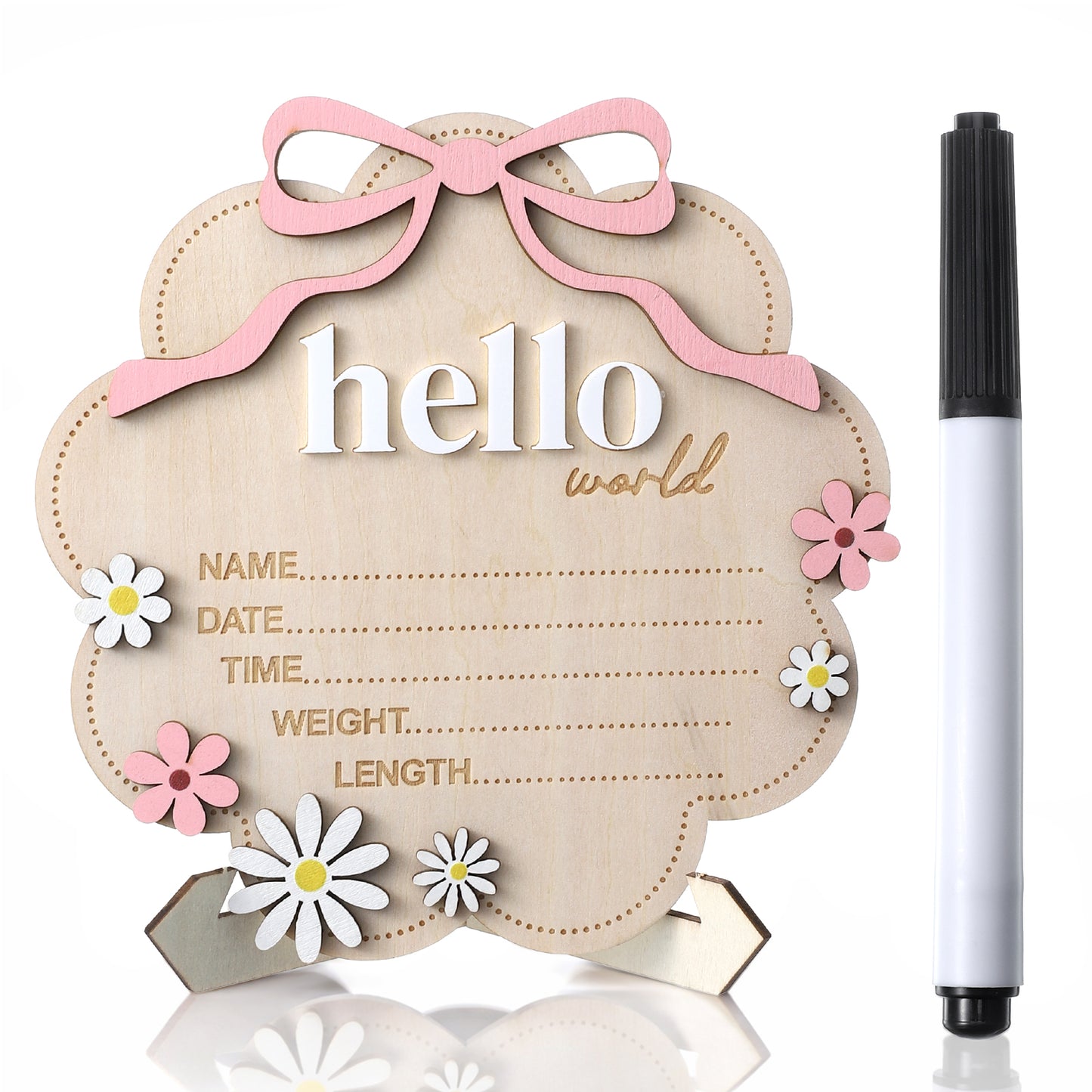 Baby Announcement Sign with Pink Bow, Wooden Hello World Newborn Welcome Sign, 3D Flowers Photo Prop, Name Date Time Weight Length Board, Baby Girl Nursery Photo Prop