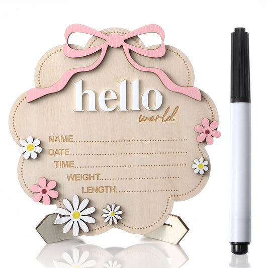 Baby Announcement Sign with Pink Bow, Wooden Hello World Newborn Welcome Sign, 3D Flowers Photo Prop, Name Date Time Weight Length Board, Baby Girl Nursery Photo Prop