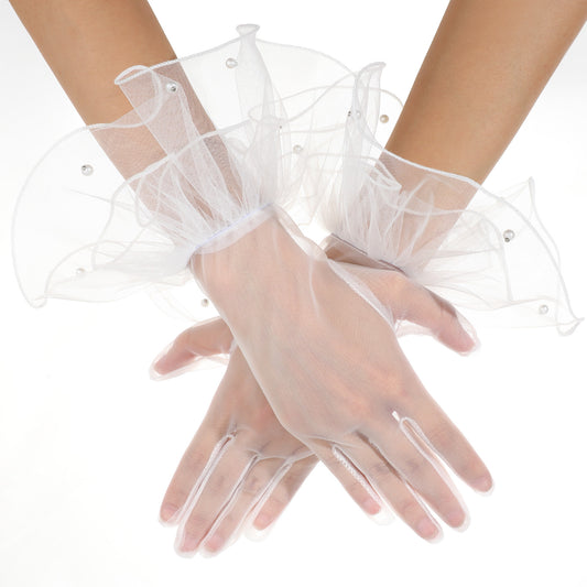 Neyauo Women's Short Mesh Gloves, Ruffled Tulle With Pearls, Elegant Wedding Party Evening Formal Costume Accessories, White