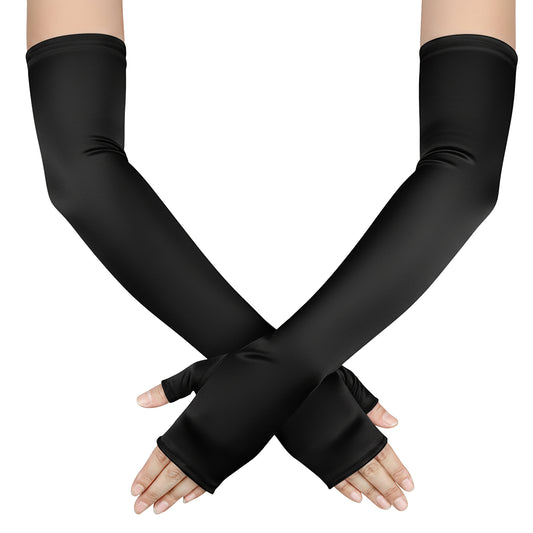 Black Long Fingerless Gloves, Satin Arm Warmer Sleeves, Elbow-Length Long Opera Gloves for Brides, Weddings, Parties, Operas, Tea Parties, Balls, Evening Gowns, Cosplay, Halloween, Costumes (Black)