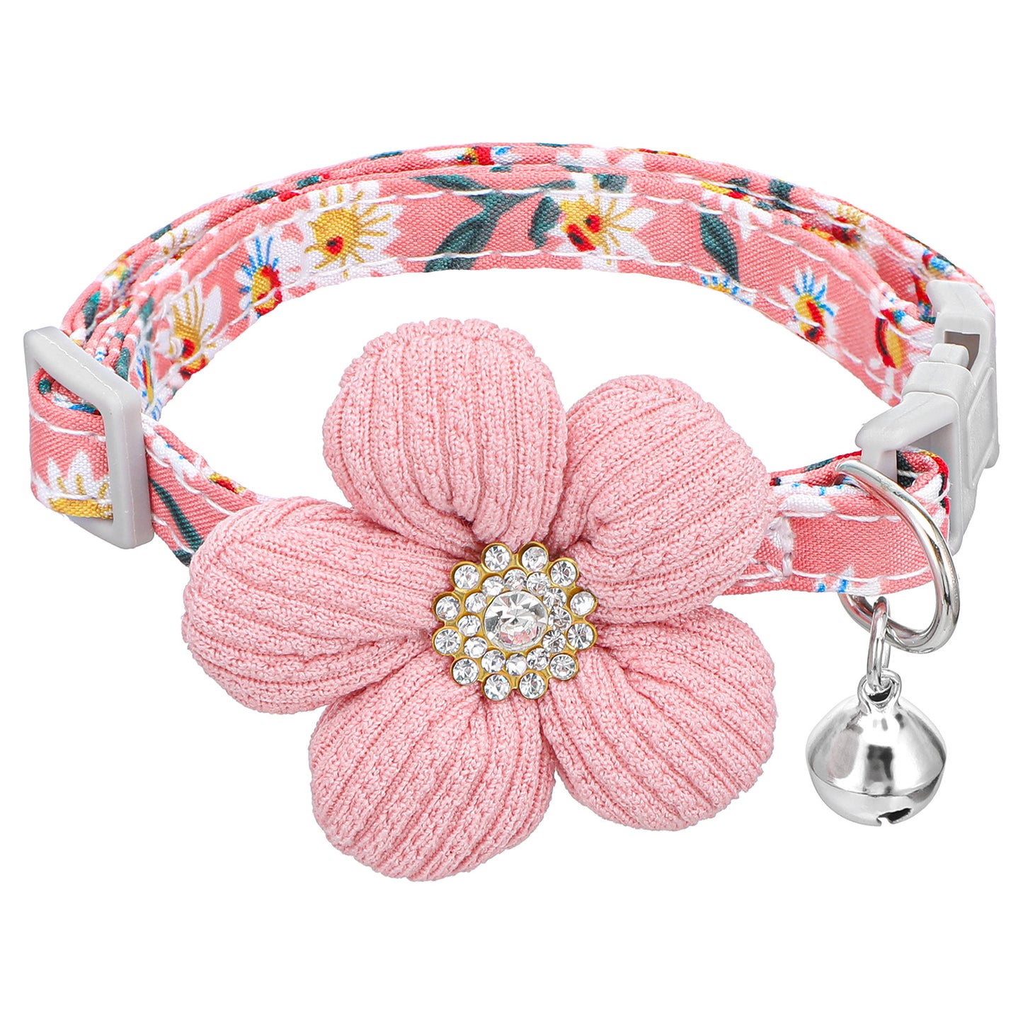 Small Dog Collar With Flower, Adjustable Puppy Collar With Bell, Cotton Floral Collars For Girl Dogs, Pink Pet Collars