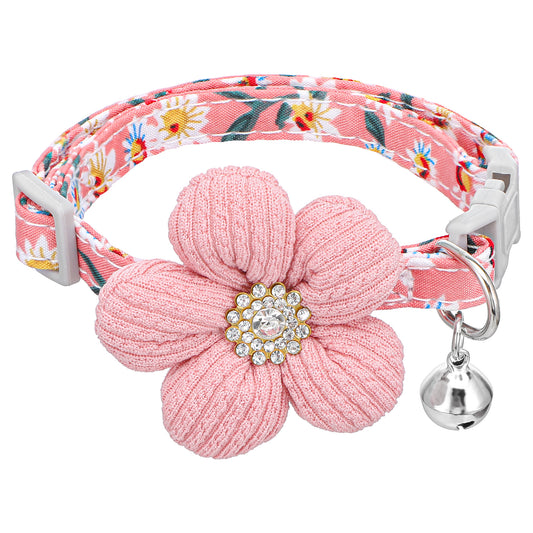 Small Dog Collar With Flower, Adjustable Puppy Collar With Bell, Cotton Floral Collars For Girl Dogs, Pink Pet Collars