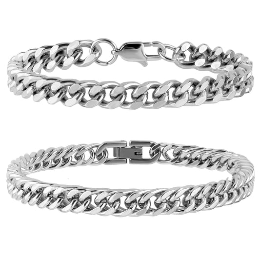 Lusofie 2 Pcs Mens Silver Bracelets, Stainless Steel Chain Bracelet Men, 21cm Mens Bracelets Silver, Silver Bracelet for Men, 8mm Wide
