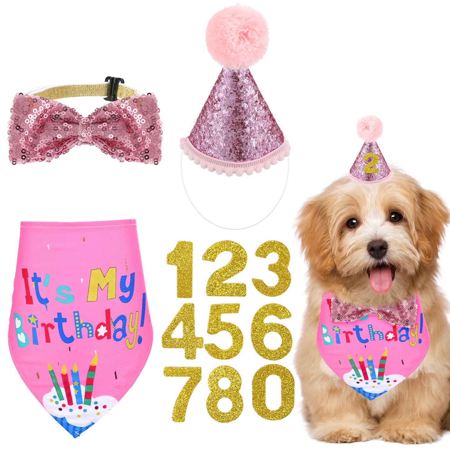 Dog Birthday Bandana Dog Birthday Hat Girl Dogs Party Birthdays Numbers Hat Bow Tie for Pet Puppy Cat Birthdays Party Decorations, Pet Costumes Headwear Accessories(Pink E)