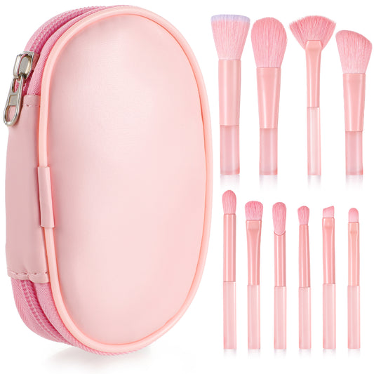 10 Pcs Travel Makeup Brush Set With Case Pink Mini Makeup Brushes Portable Make Up Brush Full Complete for Foundation Powder Eyeshadow Highlight Contour Blush Eye Shadows Lips Brush Makeup