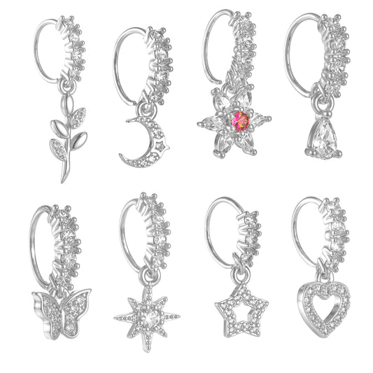 Yolev 8 Pcs 20g Dangle Nose Rings Hoop for Women Septum Nose Piercing Jewelry Studs Women L Shaped Dangling Nose Stud Hoop Nose Piercing Jewelry Heart Star Cartilage Nose Rings(silver)