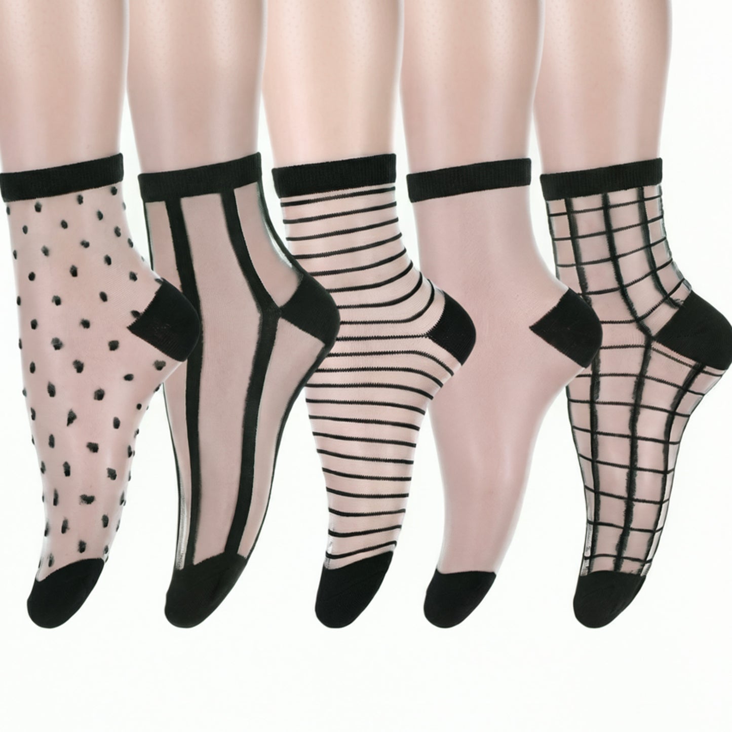 3 Pairs Women's Sheer Ankle Socks with Polka Dot, Stripes, Geometric Patterns, Ultra Thin Transparent See Through Nylon Socks Breathable Stretchy Dress Sock for Summer, Casual & Office Wear, Black