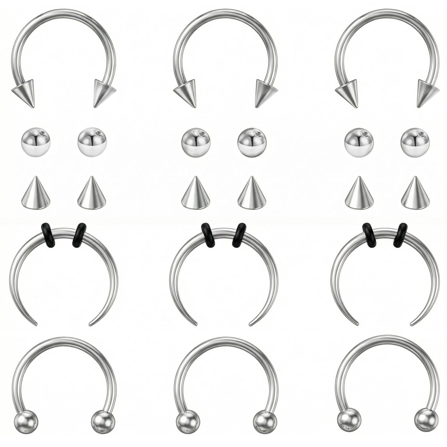 HaiFafafaing 9PCS Horseshoe Septum Rings 16g Silver Surgical Steel Nose Septum Jewelry with Balls & Spikes Snake BiteHorseshoe Earring Hoop Eyebrow Tragus Lip Ring for Women Men