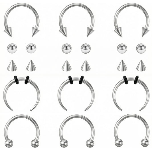 HaiFafafaing 9PCS Horseshoe Septum Rings 16g Silver Surgical Steel Nose Septum Jewelry with Balls & Spikes Snake BiteHorseshoe Earring Hoop Eyebrow Tragus Lip Ring for Women Men