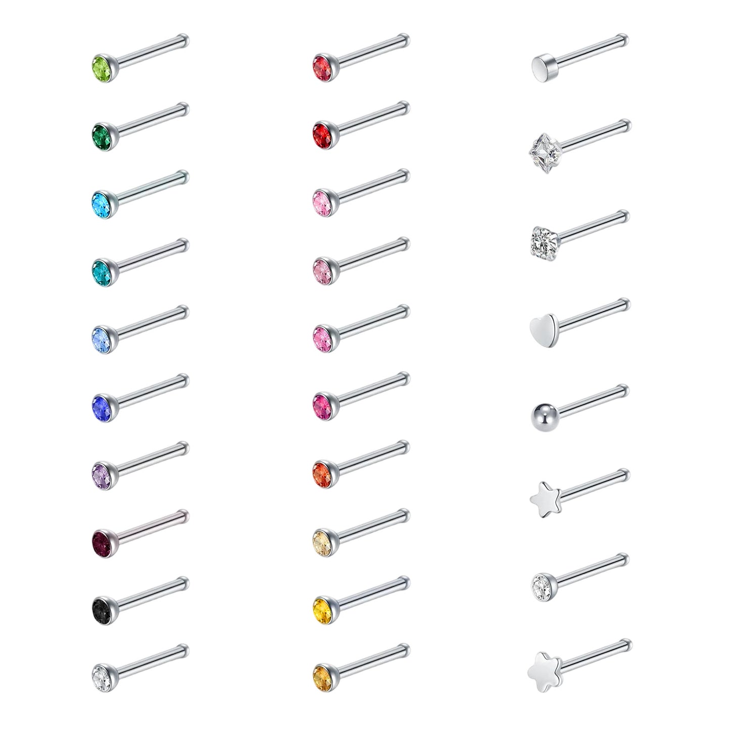 Tucnoeu 28PS Silver Straight Nose Studs, 20G Stainless Steel Nose Stud Noses Piercing Jewellery with Zirconia