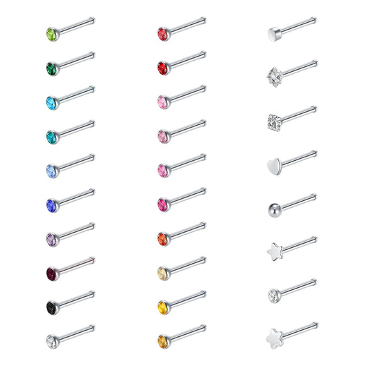 Tucnoeu 28PS Silver Straight Nose Studs, 20G Stainless Steel Nose Stud Noses Piercing Jewellery with Zirconia