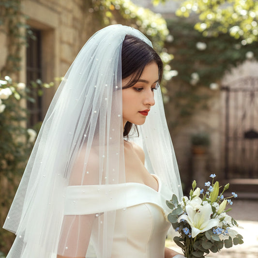 Tucnoeu bride veil pearl short veil, wedding veils for brides - Elegant White Bridal Veils with Pearls for wedding Bachelorette Party