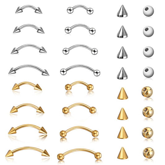 Yolev 16pcs Eyebrow Piercing Jewelry Vertical Labret Lip Eyebrow Rings Piercing Kit Surgical Steel Curved Barbell Tiny Vertical Labret Lip Jewelry Ear Rook Helix Conch Daith