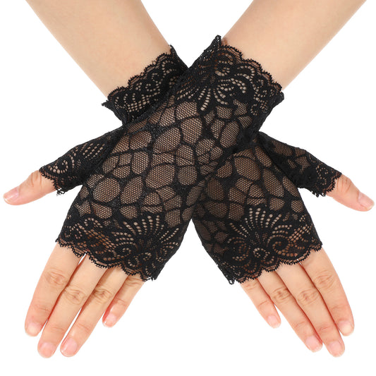 HekouJiub Short Lace Gloves Fingerless Black Lace Gloves for Women Bridal Opera Evening Wedding Party Prom Cosplay Gothic Accessories