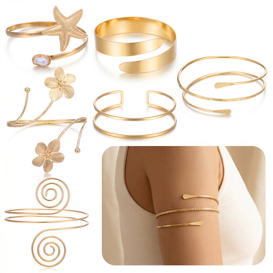 6PCS Gold Arm Cuffs- Boho Statement Arm Bracelet for Women Adjustable Armlet Set (Double Helix, Smooth Surface, Round Wire, Starfish Pearl, Triple Wrap, French Floral) for Beach Party Festival Gifts