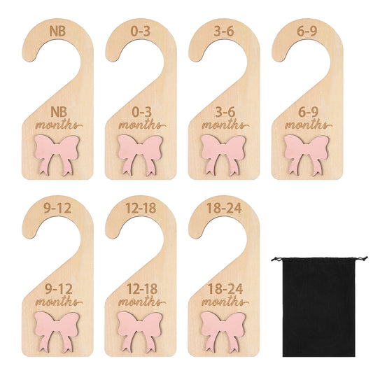 7pcs Baby Closet Dividers With 1 Storage Bag 3D Pink Bow Wooden Baby Closet Organizer Newborn to 24 Months Clothes Size Dividers Hanger Organization for Home Nursery Decor