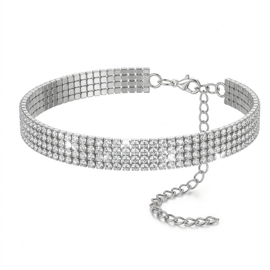 Neyauo Rhinestone Choker Necklace for Women, Silver Sparkly Crystal Diamond 4 Row Choker, Dainty Adjustable Tennis Collar Necklace for Prom, Wedding, Bridal, Party & Homecoming - Elegant Jewelry Gift