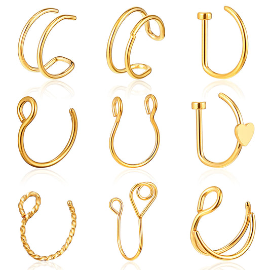 9Pcs Fake Nose Rings Gold Fake Nose Piercing Clip on Nose Rings for Women Non Piercing Septum Ring Hoop Lip Ring Ear Cuff Earrings for Women Party