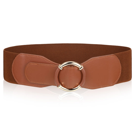 Josojoou vintage Wide Elastic Belts for Women with Metal Circle Buckle, Fashionable Wide Stretch Belt, Thickened Waist Ladies Belt for Dresses, Sweaters, Shirts, Coats, Women's Gifts