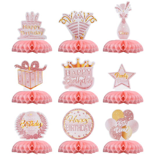 9pcs Pink Rose Gold Birthday Honeycomb Centerpiece Table Decoration,Happy Birthday Decorations Set, Rainbow Birthdays Themed Table Decoration for Kids' Birthdays Party Supplies