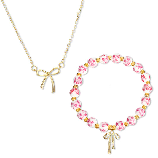 Neyauo Bow Bracelet Necklace Set(Pink)