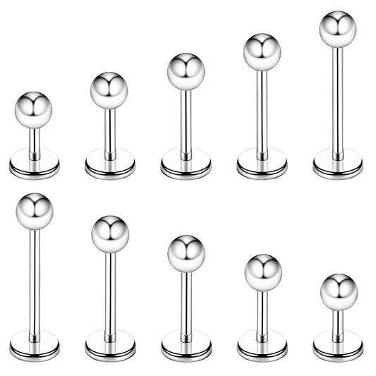 HekouJiub 5 Pairs Tragus Piercing Jewellery, Stainless Steel Tragus Earrings, 4-12mm Flat Back Nose Stud, Silver Labret Studs, Jewelry Gift for Both Men and Women
