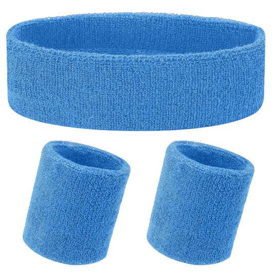Yolev 3Pieces Sweatband Set, Sports Headband and Wristbands, Set of 1 Headband and 2 Wristbands, for Athletic Men and Women, Black and Neon Green, One Size(Light blue)
