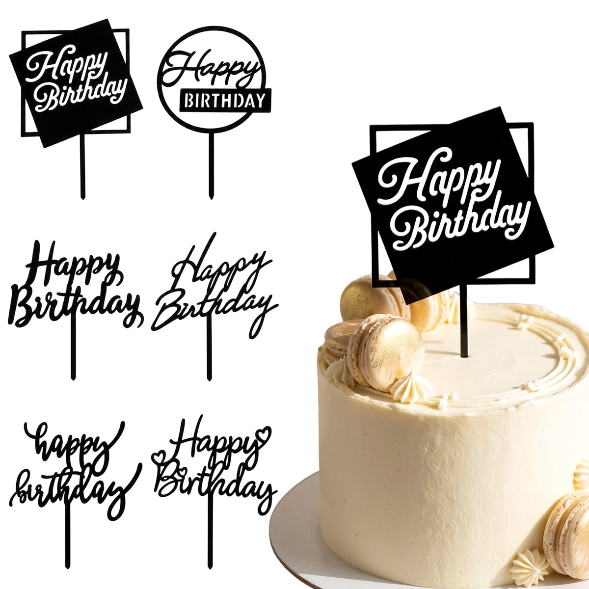 6 Pcs Happy Birthday Cake Topper- Black Acrylic Cake Topper, Appx 5 × 6"