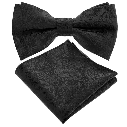 Tucnoeu Mens Paisley Bow Tie Pocket Square Set for Wedding Pre-Tied Solid Bowties Handkerchief Cufflinks for Men (0497-08)