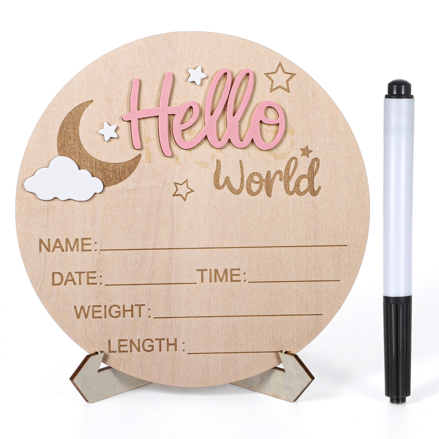 Personalised Newborn Baby Announcement Sign, Wooden 6 Inch Hello World Newborn Sign, 3D Moon Style Birth Details Board for Hospital & Nursery, New Baby Gift for Boys & Girls, Keepsake Decor(Pink)