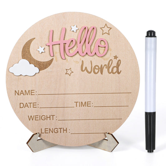 Personalised Newborn Baby Announcement Sign, Wooden 6 Inch Hello World Newborn Sign, 3D Moon Style Birth Details Board for Hospital & Nursery, New Baby Gift for Boys & Girls, Keepsake Decor(Pink)