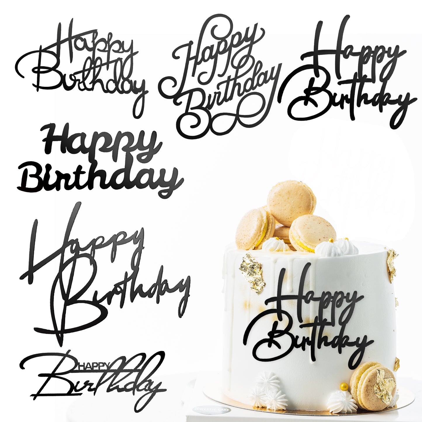 6 Pcs Black Happy Birthday Cake Topper Side Mirror Acrylic Cake Topper Happy Birthday Cake Sign Decorations Black Cake Inserts Cake Decor Supplies Black Cupcake Toppers for Birthday Party Cake Dessert