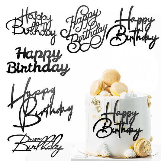 6 Pcs Black Happy Birthday Cake Topper Side Mirror Acrylic Cake Topper Happy Birthday Cake Sign Decorations Black Cake Inserts Cake Decor Supplies Black Cupcake Toppers for Birthday Party Cake Dessert