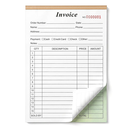 Invoice Receipt Book with Cardboard, 2-Part Carbonless Order Forms, 5.5x8.5 Inch Sales Invoice Book for Small Business, 50 Sets 100 Sheets
