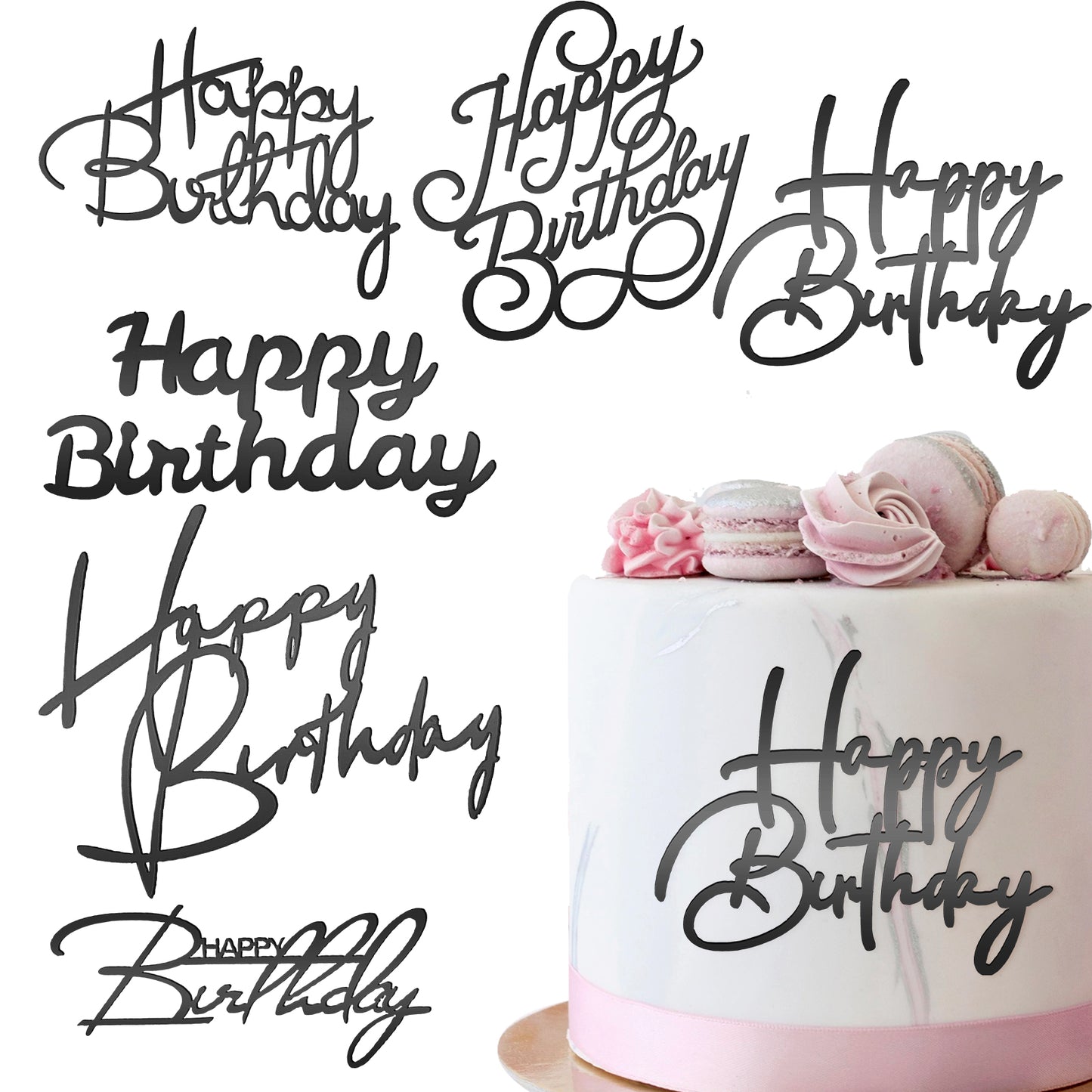 6 pcs Happy Birthday Cake Toppers Gold Cake Decorations Mirror Acrylic Cake Topper Side Cake Decorations Gold Cake Inserts for Birthday Party Cake Desserts Pastries(Black)