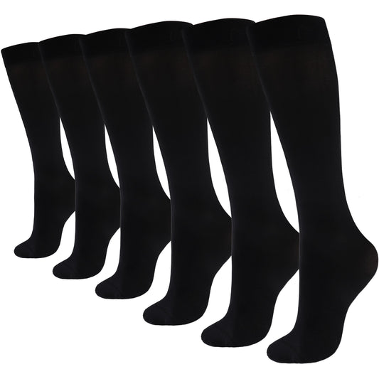 Lusofie Black Knee High Sock 6 Pairs Silky Opaque Dress Socks Women Girls Stretchy Nylon Black Trouser Socks for Women Size 5-11 Comfort School Uniform