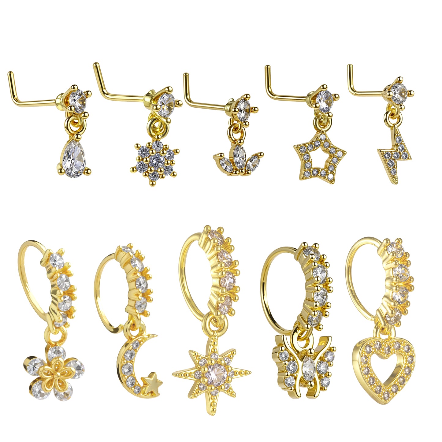 Telooco 10 Pcs 20G Dangle Nose Ring Hoop L Shaped Dangling Nose Stud Heart Star Butterfly Moon CZ Nose Rings with Charm Indian Piercing Jewelry Cartilage Earring for Women