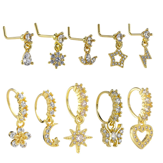 Telooco 10 Pcs 20G Dangle Nose Ring Hoop L Shaped Dangling Nose Stud Heart Star Butterfly Moon CZ Nose Rings with Charm Indian Piercing Jewelry Cartilage Earring for Women