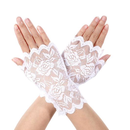 Yolev Lace Fingerless Gloves Elegant Short Lace Gloves for Tea Party Bridal Prom Wedding Dinner Party Funeral Cosplay Halloween(White)