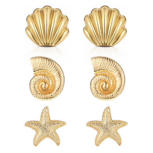 Beach Earrings for Women, 14K Gold Plated Shell Earring, Starfish Earring, Summer Earrings, 3 Pairs Ocean Jewelry Set
