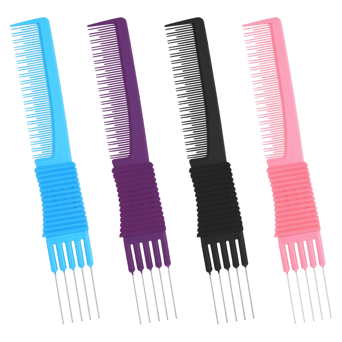 Telooco 4pcs Lift Teasing Combs Hair with Metal Pick Teasing Comb with Metal Pick Double-Head Teasing Combs for Women Salon Styling Comb for Hair PickingDetangling and Fluffing(Black Pink Blue Purple)