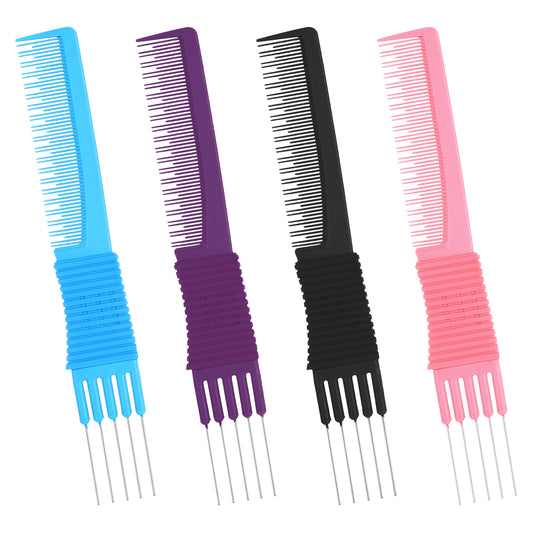 Telooco 4pcs Lift Teasing Combs Hair with Metal Pick Teasing Comb with Metal Pick Double-Head Teasing Combs for Women Salon Styling Comb for Hair PickingDetangling and Fluffing(Black Pink Blue Purple)