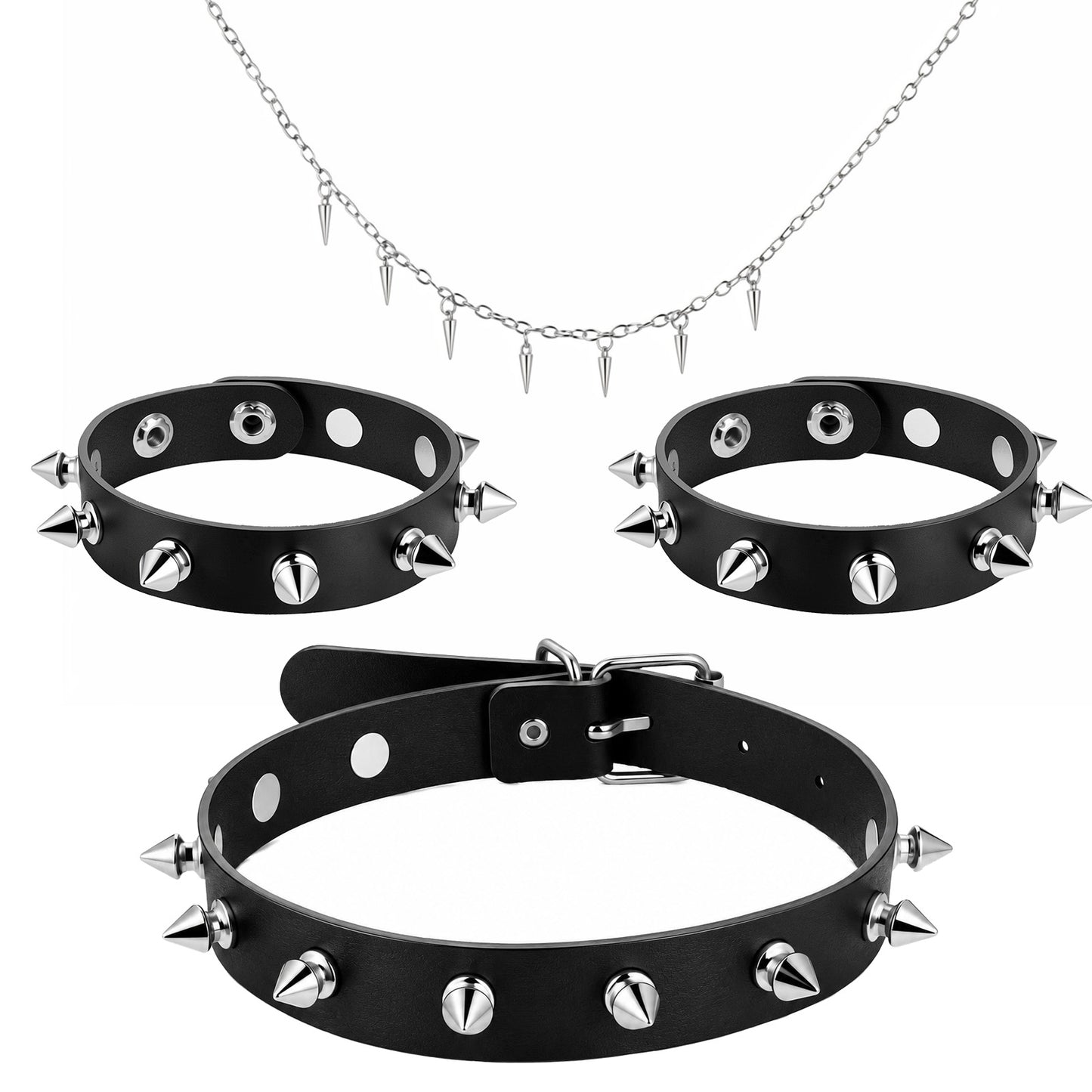 Josojoou PU Leather Spiked Choker Studded Bracelet and Necklace Jewelry Set