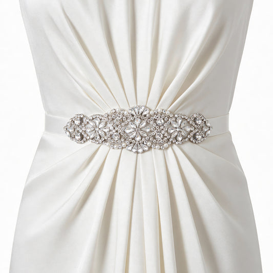 Neyauo Handmade Crystal Rhinestone Pearl Wedding Bridal Sash Belt, Silver, For Flower Girl Evening Dress, Prom, Party, Formal Occasion