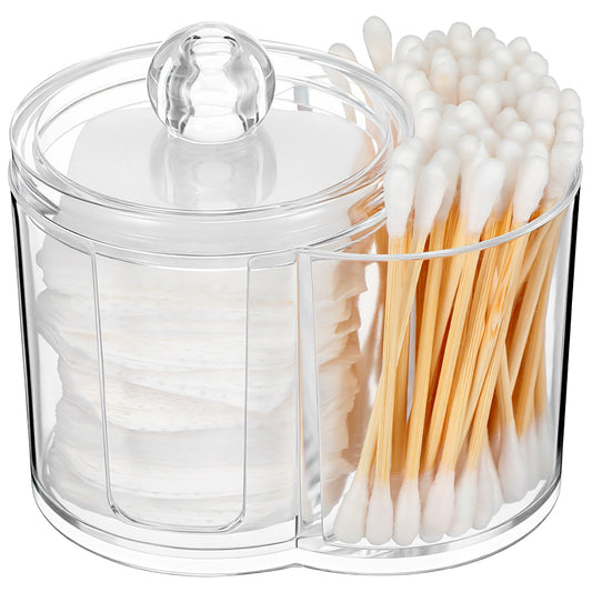 Yolev Qtip Holder with Dual Compartments Clear Cotton Round Holder Plastic Vanity Canister with Removable Dustproof Lid Cotton Swab Container for Cottons Swabs Makeup Storage Container Accessories