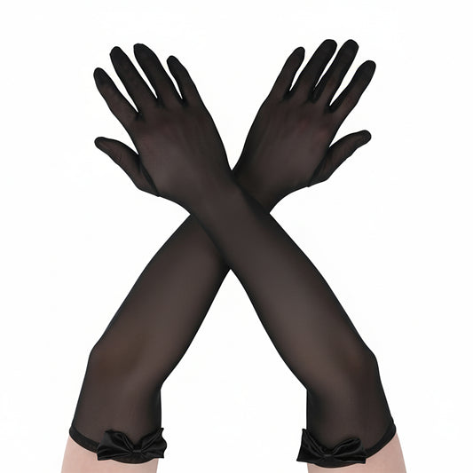 Gemoioio Sheer Black Long Gloves, Tulle Mesh Gloves, Stretchy Elbow Length Sheer Glove with Satin Bow-knot for Women Wedding Bridal Cocktail Opera 1920s Dance Halloween Party